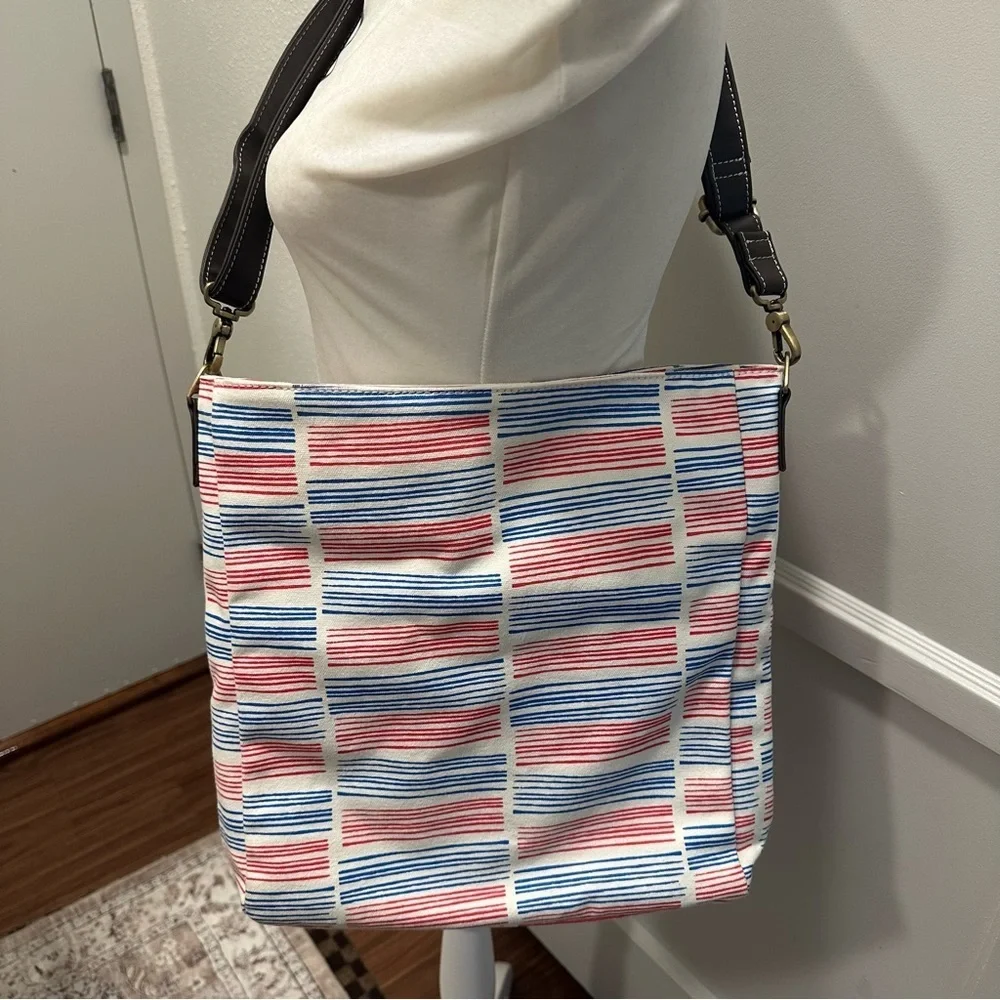 Maika Crossbody Upcycled Canvas Tote Bag with Red, Blue, and White Stripes